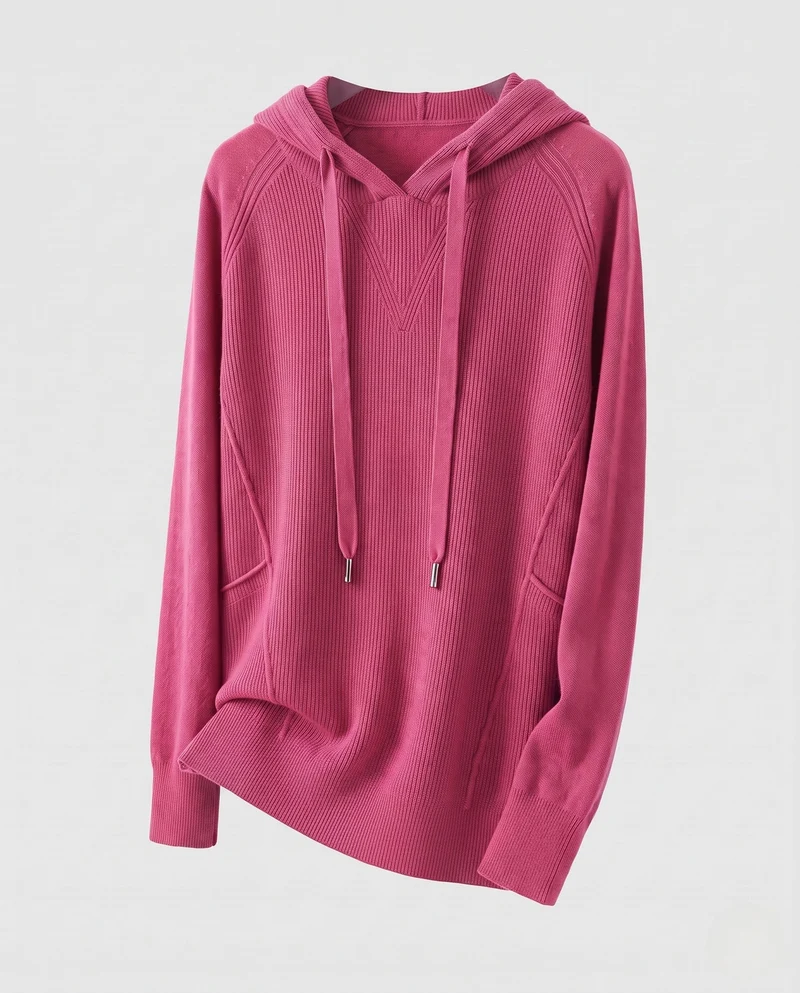 Damen Kapuzenpullover im Kaschmir‑Look mit Kängurutasche und feinem Rippdetail Nord Taschen