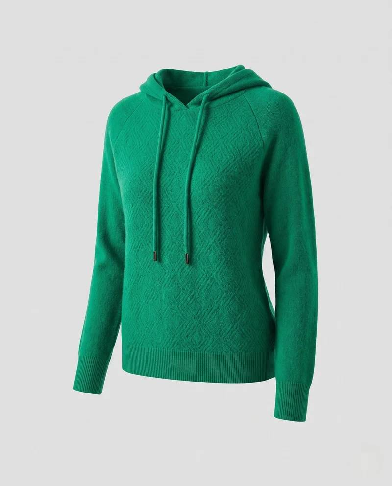 Damen Kapuzenpullover aus feinem Kaschmir‑Mix mit strukturierter Rauten‑Optik und gerippten Bündchen Nord Taschen
