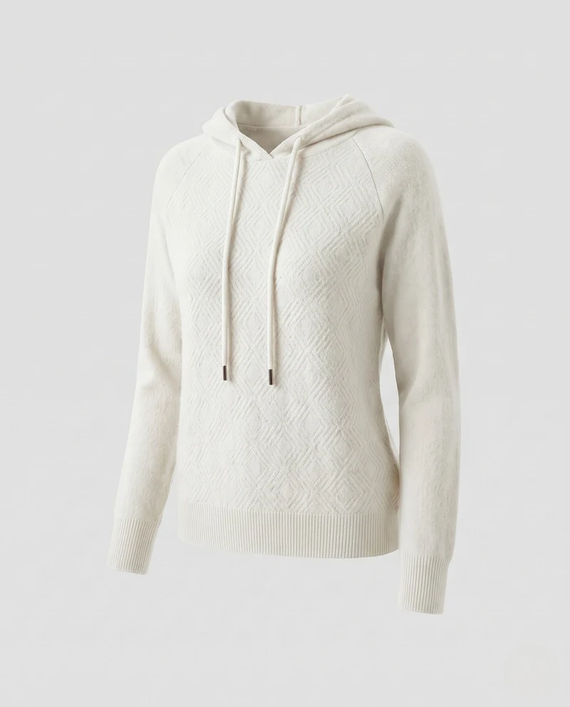 Damen Kapuzenpullover aus feinem Kaschmir‑Mix mit strukturierter Rauten‑Optik und gerippten Bündchen Nord Taschen