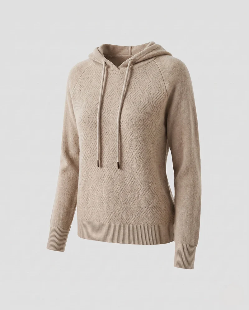 Damen Kapuzenpullover aus feinem Kaschmir‑Mix mit strukturierter Rauten‑Optik und gerippten Bündchen Nord Taschen