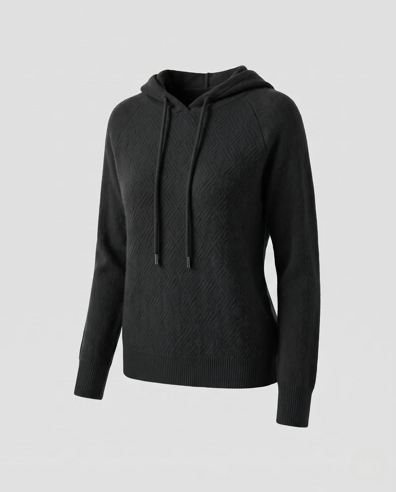 Damen Kapuzenpullover aus feinem Kaschmir‑Mix mit strukturierter Rauten‑Optik und gerippten Bündchen Nord Taschen