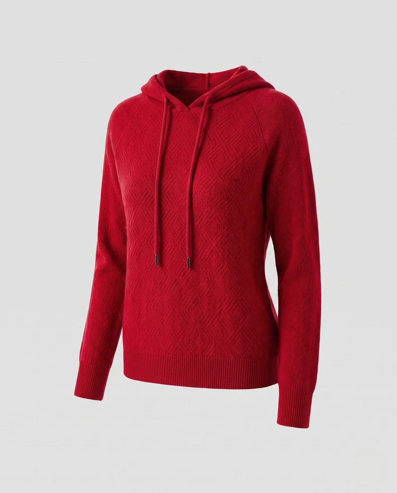 Damen Kapuzenpullover aus feinem Kaschmir‑Mix mit strukturierter Rauten‑Optik und gerippten Bündchen Nord Taschen