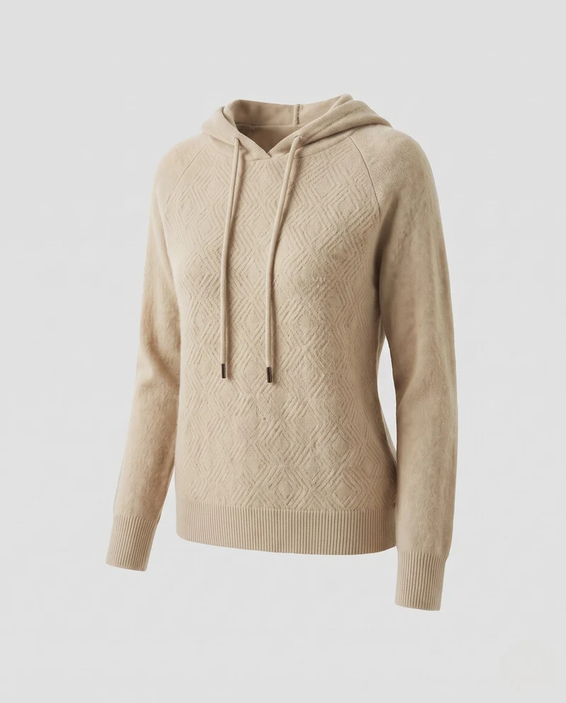 Damen Kapuzenpullover aus feinem Kaschmir‑Mix mit strukturierter Rauten‑Optik und gerippten Bündchen Nord Taschen