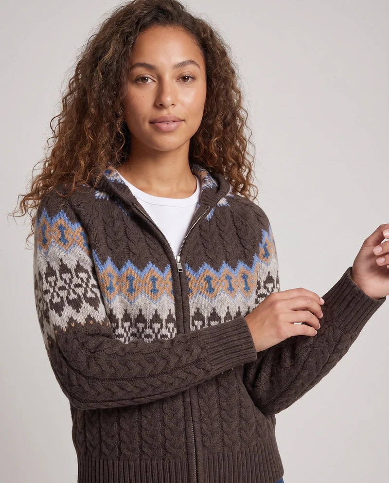 Damen Kapuzen-Strickjacke mit Zopf‑ und Norwegerstruktur, durchgehendem Reißverschluss Nord Taschen