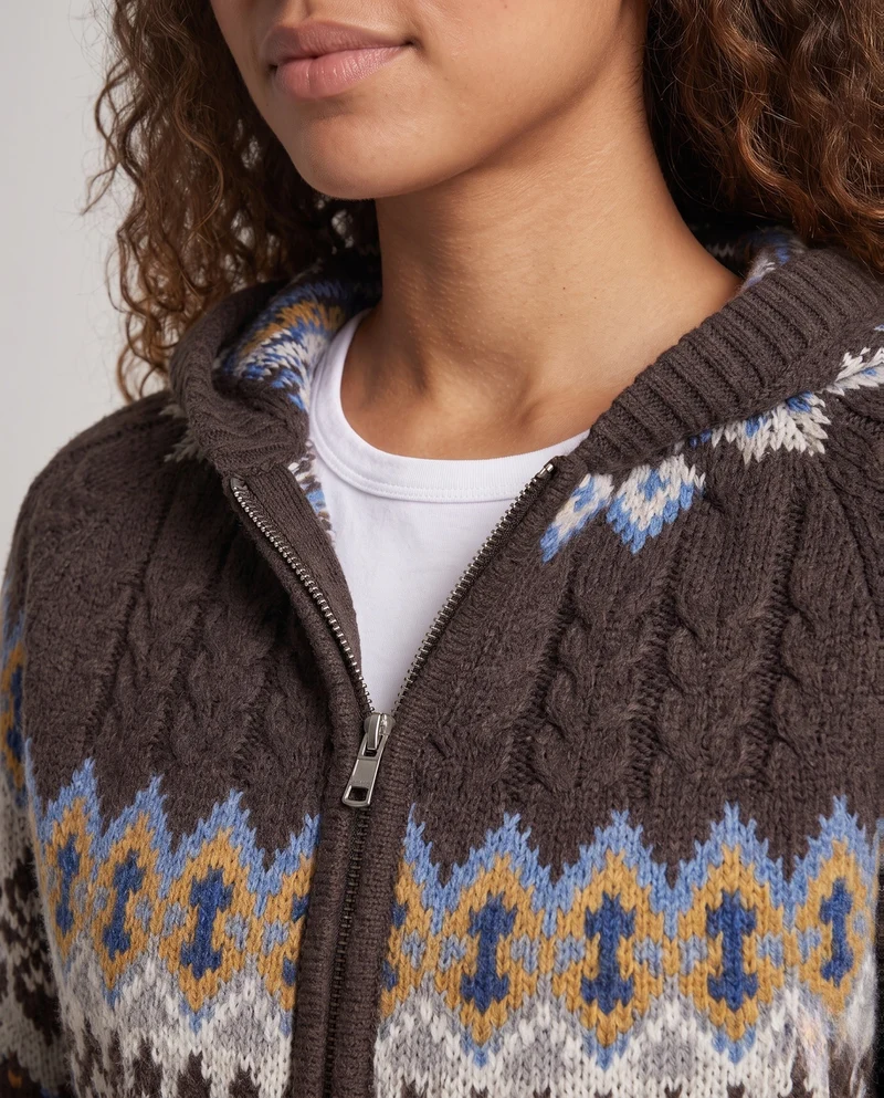 Damen Kapuzen-Strickjacke mit Zopf‑ und Norwegerstruktur, durchgehendem Reißverschluss Nord Taschen