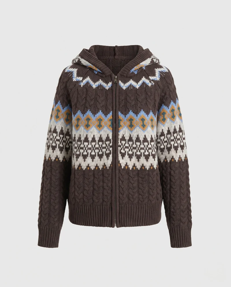 Damen Kapuzen-Strickjacke mit Zopf‑ und Norwegerstruktur, durchgehendem Reißverschluss Nord Taschen