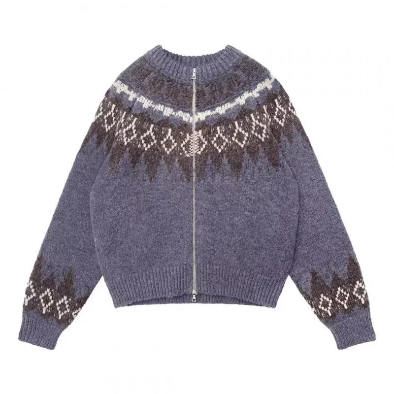 Damen Kurz geschnittene Norweger-Strickjacke mit durchgehendem Reißverschluss und Rundkragen Nord Taschen