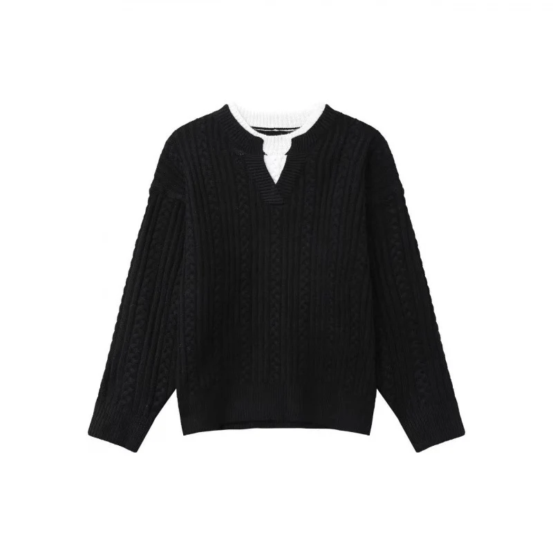 Damen Grobgestrickter Zopfmuster-Pullover mit V‑Ausschnitt und Lagen‑Optik Nord Taschen