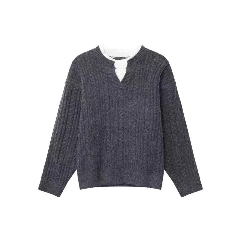 Damen Grobgestrickter Zopfmuster-Pullover mit V‑Ausschnitt und Lagen‑Optik Nord Taschen