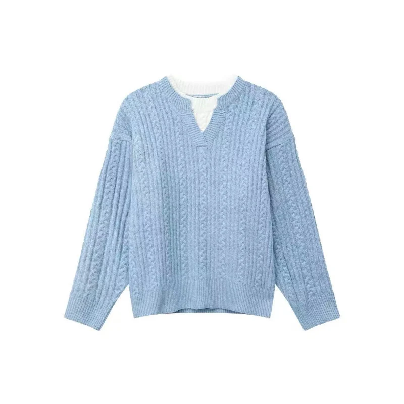 Damen Grobgestrickter Zopfmuster-Pullover mit V‑Ausschnitt und Lagen‑Optik Nord Taschen
