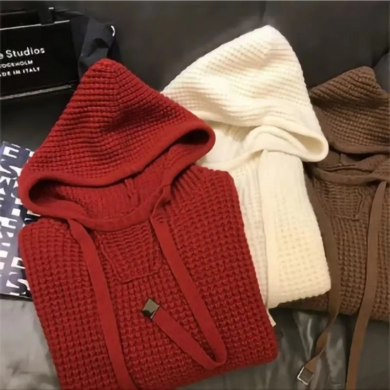 Damen Grobgestrickter Oversize-Kapuzenpullover mit Waffelstruktur und Kordelzug Nord Taschen