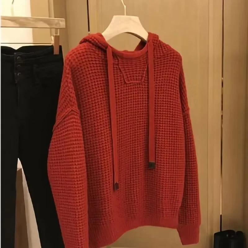 Damen Grobgestrickter Oversize-Kapuzenpullover mit Waffelstruktur und Kordelzug Nord Taschen