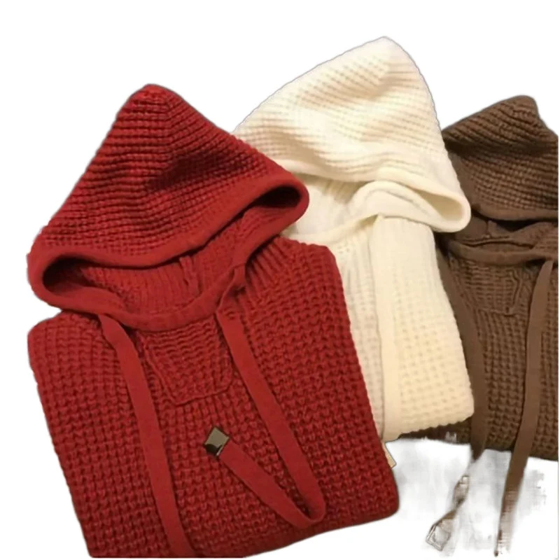 Damen Grobgestrickter Oversize-Kapuzenpullover mit Waffelstruktur und Kordelzug Nord Taschen