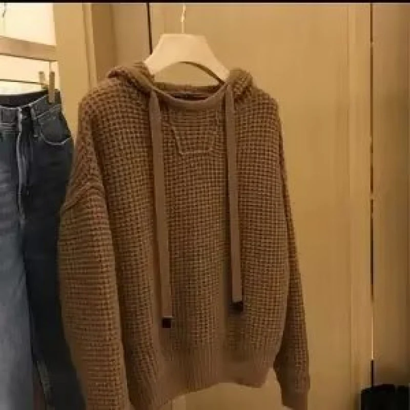 Damen Grob gestrickter Kapuzenpullover mit Waffelstruktur und Kordelzug Nord Taschen