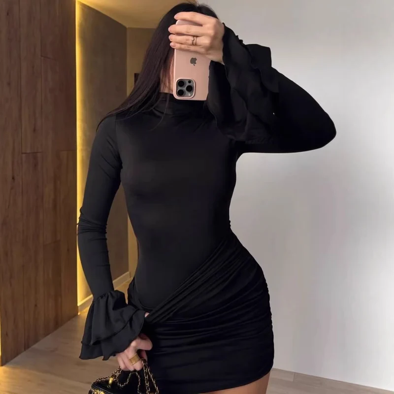 Damen Eng anliegendes Minikleid mit Rüschen-Volantärmeln und geraffter Wickeloptik Nord Taschen