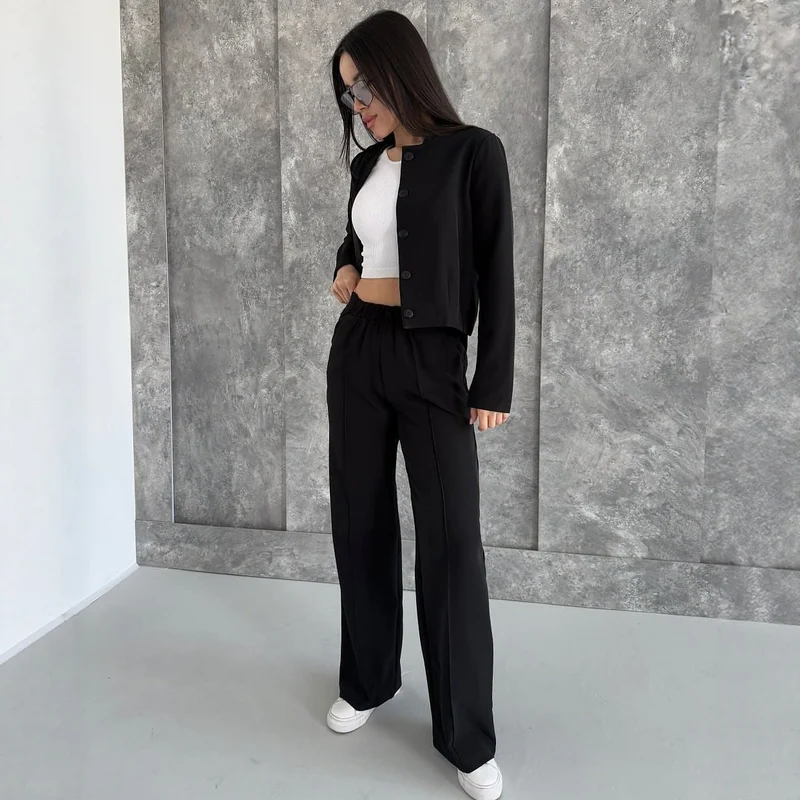 Damen Elegantes Zweiteiler-Set mit Kurzjacke und Hochbund-Faltenhose Nord Taschen