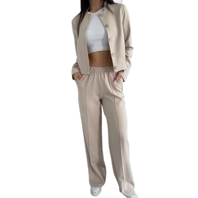 Damen Elegantes Zweiteiler-Set mit Kurzjacke und Hochbund-Faltenhose Nord Taschen