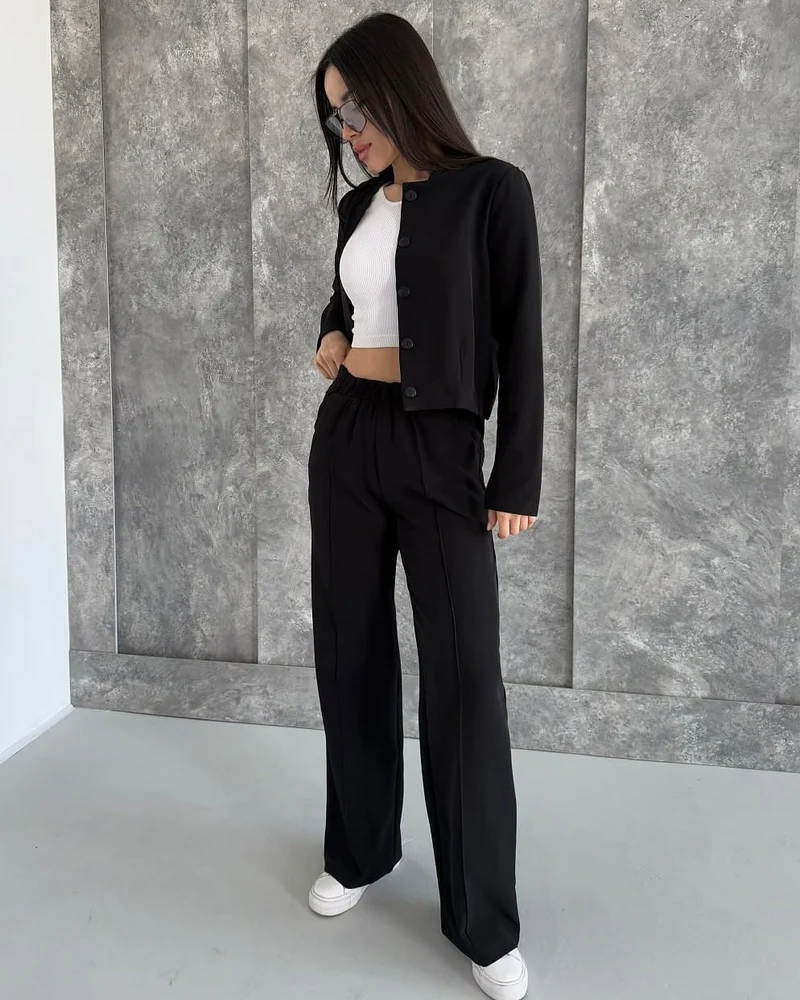 Damen Elegantes Zweiteiler-Set mit Kurzjacke und Hochbund-Faltenhose Nord Taschen