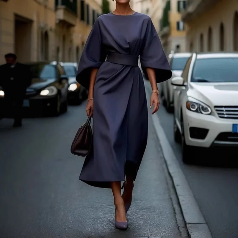 Damen Elegantes Midikleid mit weitem Kimonoärmel, tailliertem Gürtel und drapierter A‑Linie Nord Taschen