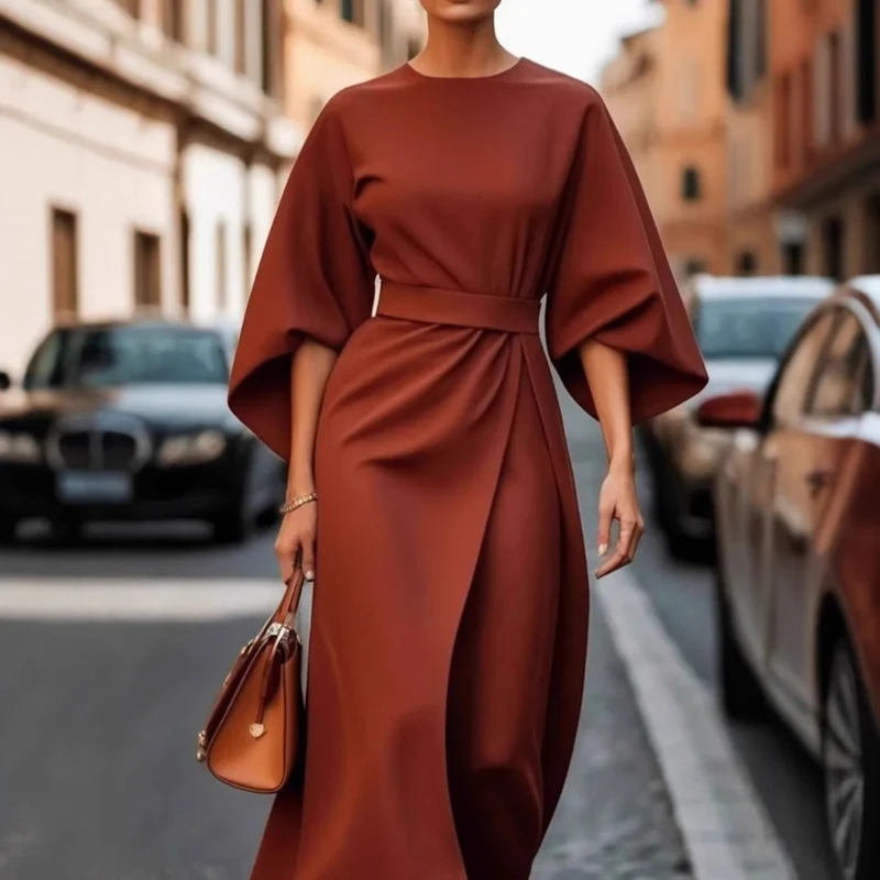 Damen Elegantes Midikleid mit weitem Kimonoärmel, tailliertem Gürtel und drapierter A‑Linie Nord Taschen