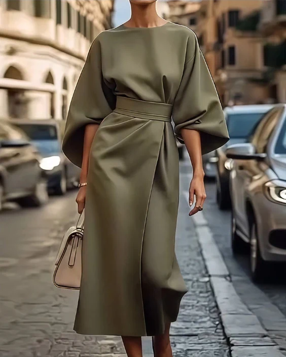 Damen Elegantes Midikleid mit weitem Kimonoärmel, tailliertem Gürtel und drapierter A‑Linie Nord Taschen