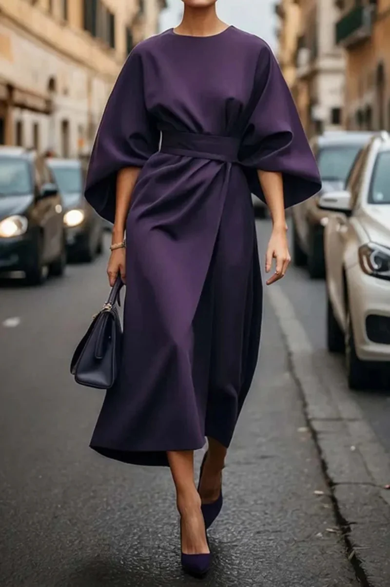 Damen Elegantes Midikleid mit weitem Kimonoärmel, tailliertem Gürtel und drapierter A‑Linie Nord Taschen