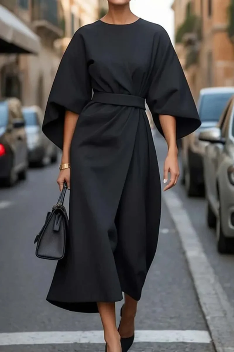 Damen Elegantes Midikleid mit weitem Kimonoärmel, tailliertem Gürtel und drapierter A‑Linie Nord Taschen