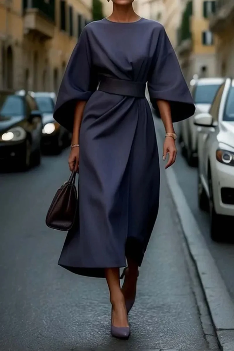 Damen Elegantes Midikleid mit weitem Kimonoärmel, tailliertem Gürtel und drapierter A‑Linie Nord Taschen