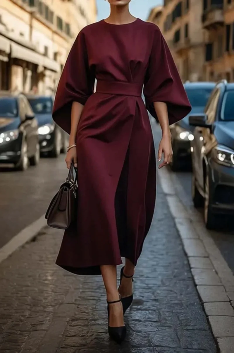 Damen Elegantes Midikleid mit weitem Kimonoärmel, tailliertem Gürtel und drapierter A‑Linie Nord Taschen