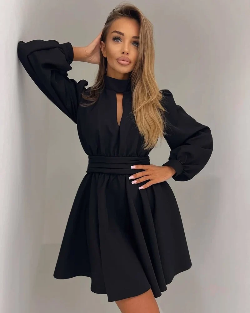 Damen Elegantes Kurzkleid mit Stehkragen, Cut-Out, weitem Glockenrock und Taillenschärpe Nord Taschen
