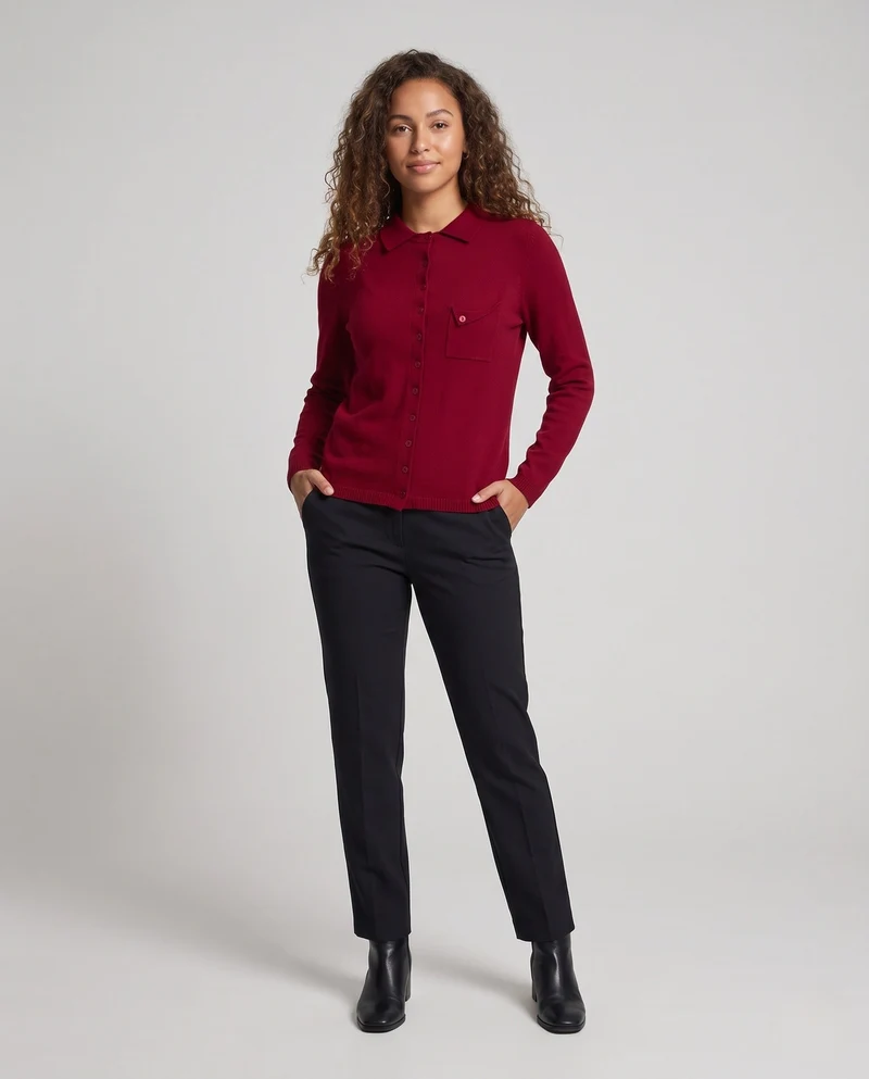 Damen Feinstrick-Cardigan mit Polokragen, 3/4-Arm und dezenter Brusttasche Nord Taschen