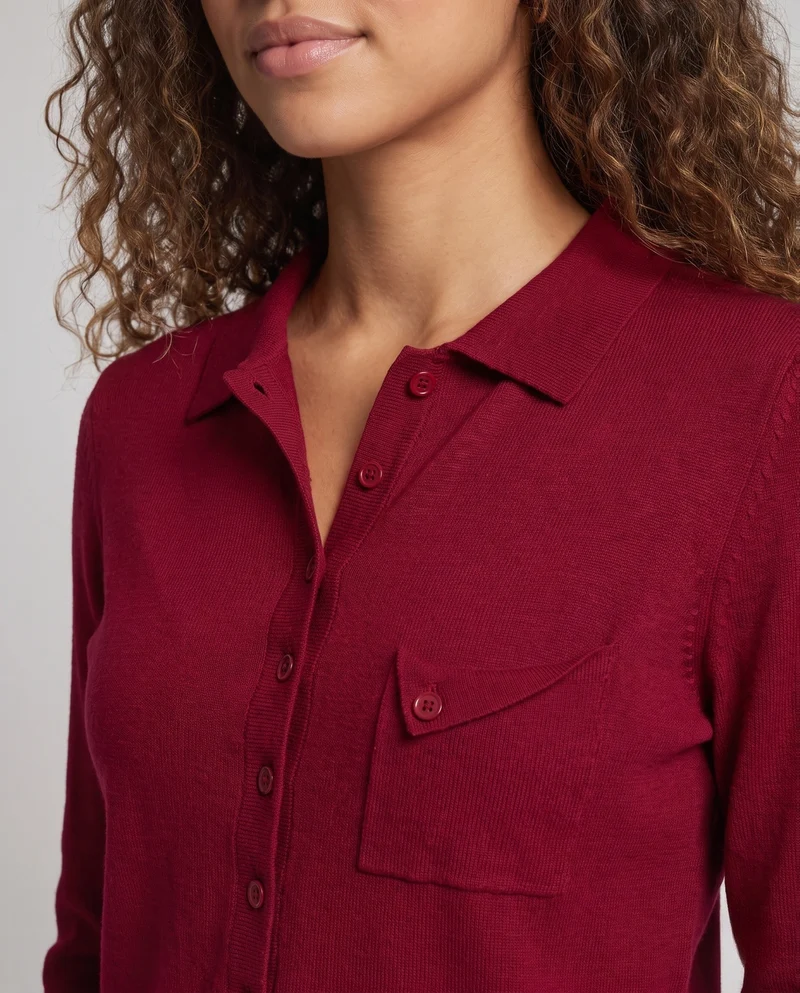 Damen Feinstrick-Cardigan mit Polokragen, 3/4-Arm und dezenter Brusttasche Nord Taschen