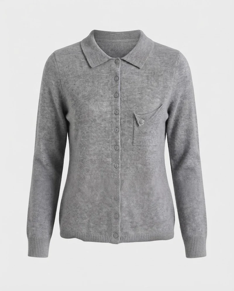 Damen Feinstrick-Cardigan mit Polokragen, 3/4-Arm und dezenter Brusttasche Nord Taschen