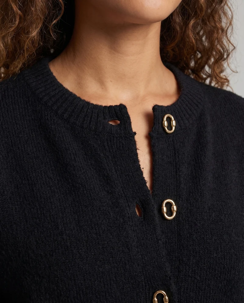 Damen Feinstrick-Cardigan mit flauschiger Mohair‑Optik, durchgehender Knopfleiste und gezupfter Kante Nord Taschen