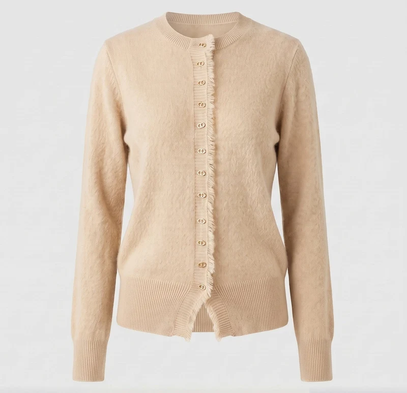 Damen Feinstrick-Cardigan mit flauschiger Mohair‑Optik, durchgehender Knopfleiste und gezupfter Kante Nord Taschen