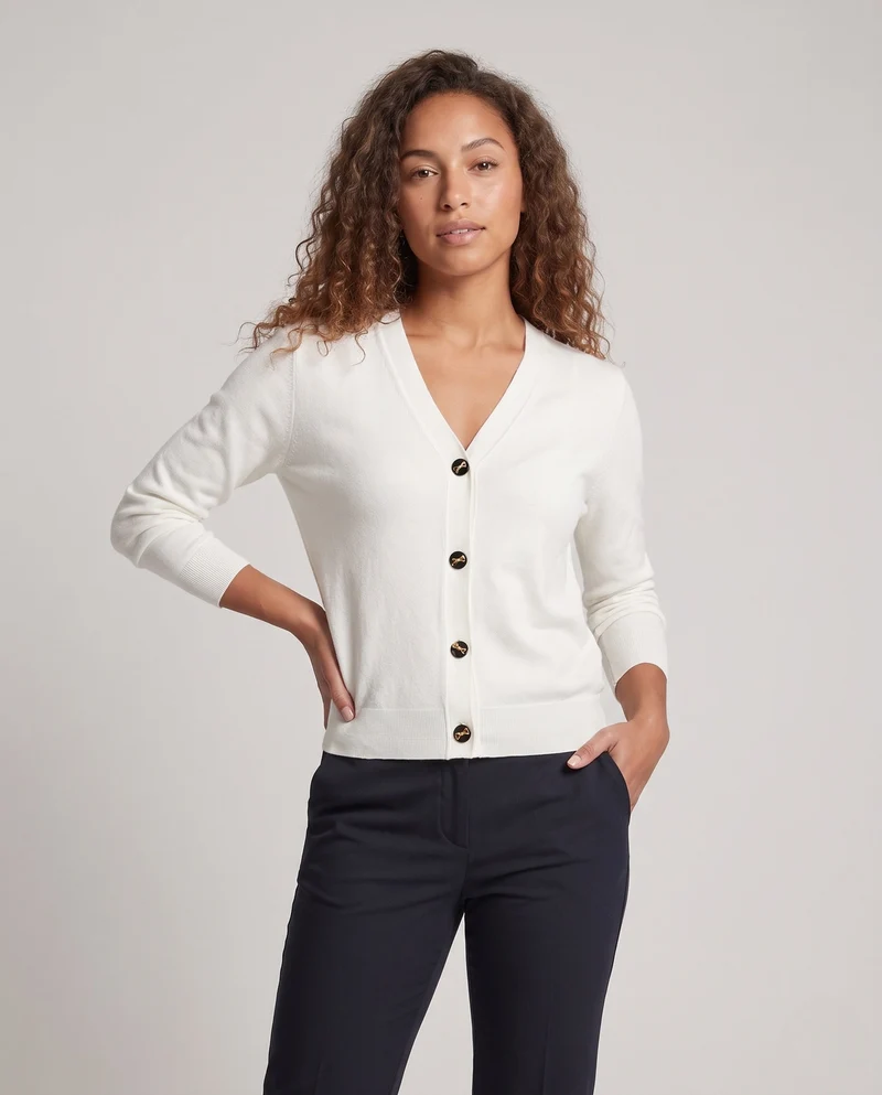 Damen Feinstrick-Cardigan in Taillenlänge mit floraler Schmuckknopfleiste Nord Taschen