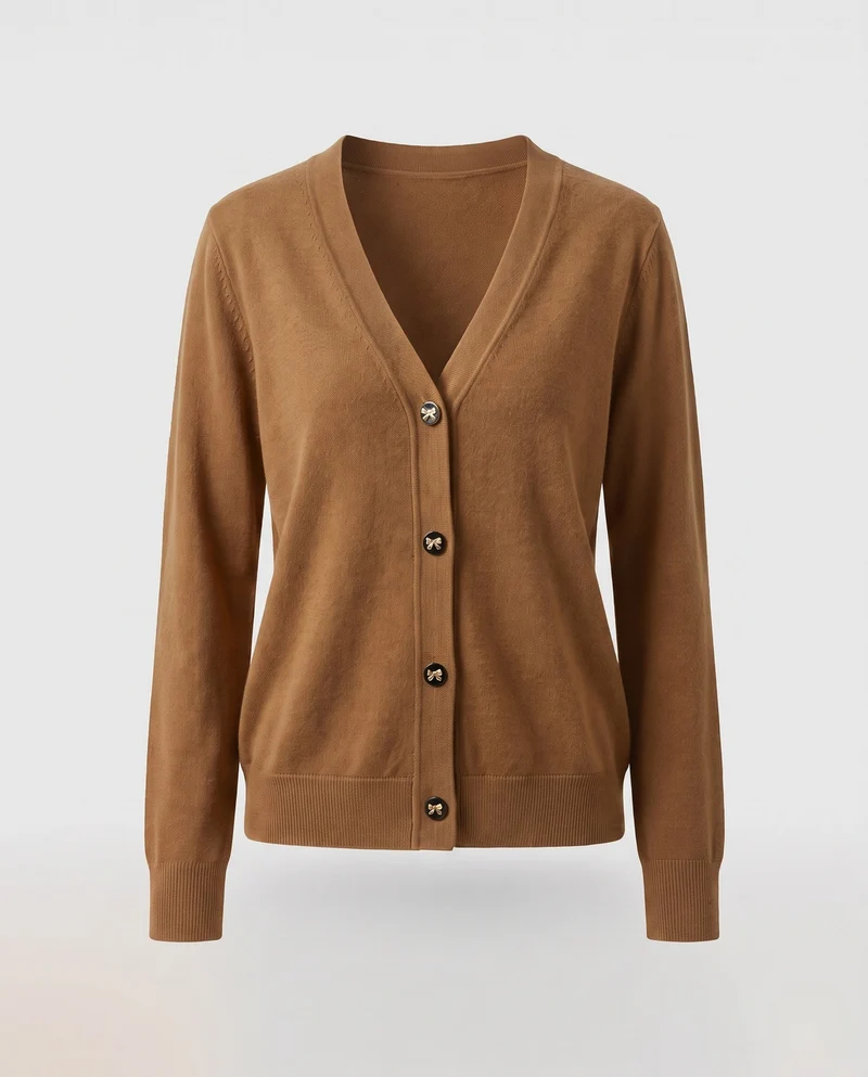 Damen Feinstrick-Cardigan in Taillenlänge mit floraler Schmuckknopfleiste Nord Taschen