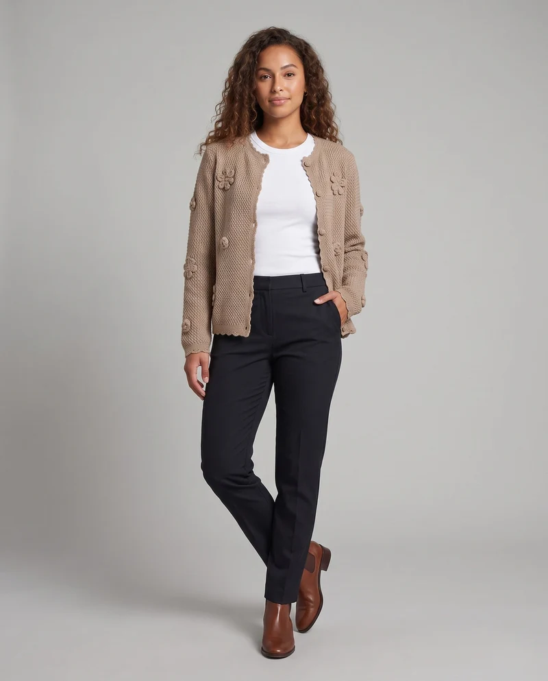 Damen Feinstrick-Cardigan mit Ajourstruktur, gehäkelten Blumen und dekorativer Knopfleiste Nord Taschen