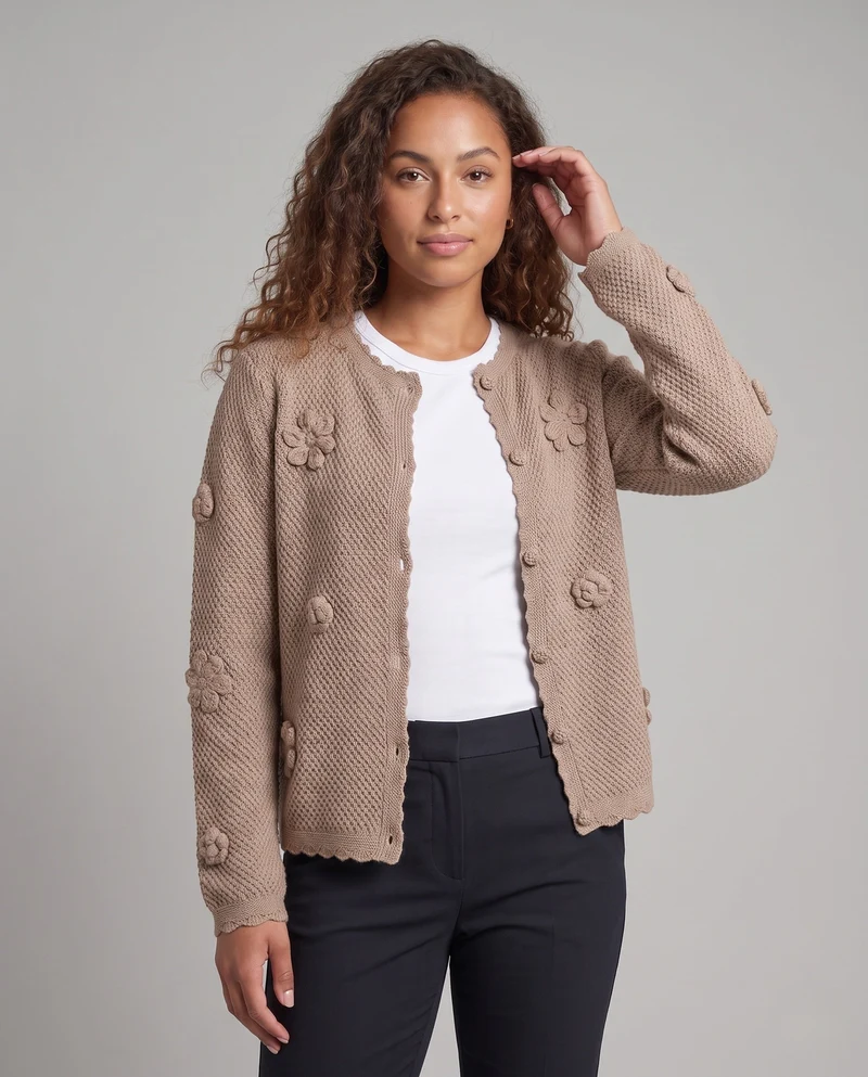 Damen Feinstrick-Cardigan mit Ajourstruktur, gehäkelten Blumen und dekorativer Knopfleiste Nord Taschen