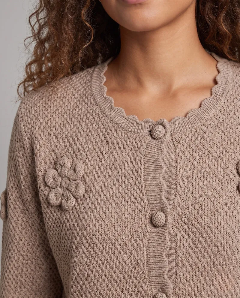 Damen Feinstrick-Cardigan mit Ajourstruktur, gehäkelten Blumen und dekorativer Knopfleiste Nord Taschen