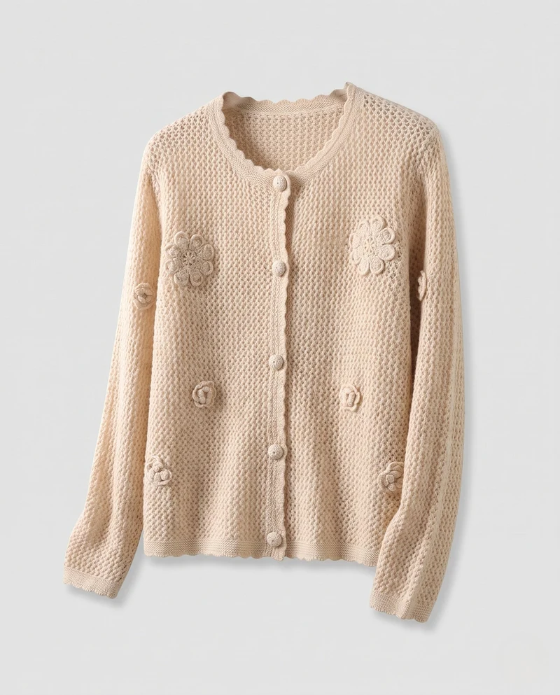 Damen Feinstrick-Cardigan mit Ajourstruktur, gehäkelten Blumen und dekorativer Knopfleiste Nord Taschen