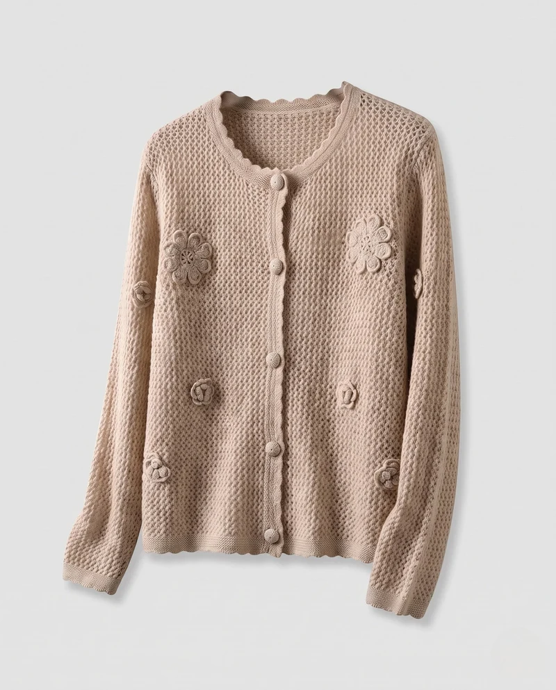 Damen Feinstrick-Cardigan mit Ajourstruktur, gehäkelten Blumen und dekorativer Knopfleiste Nord Taschen