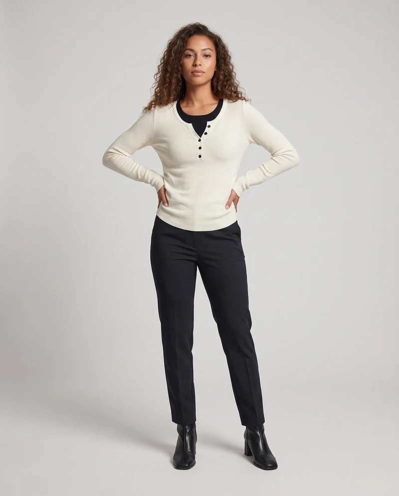 Damen Feines Layering-Longsleeve mit Knopfblende und Lagenlook Nord Taschen