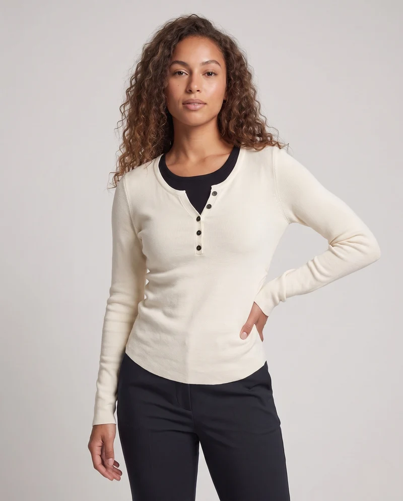 Damen Feines Layering-Longsleeve mit Knopfblende und Lagenlook Nord Taschen