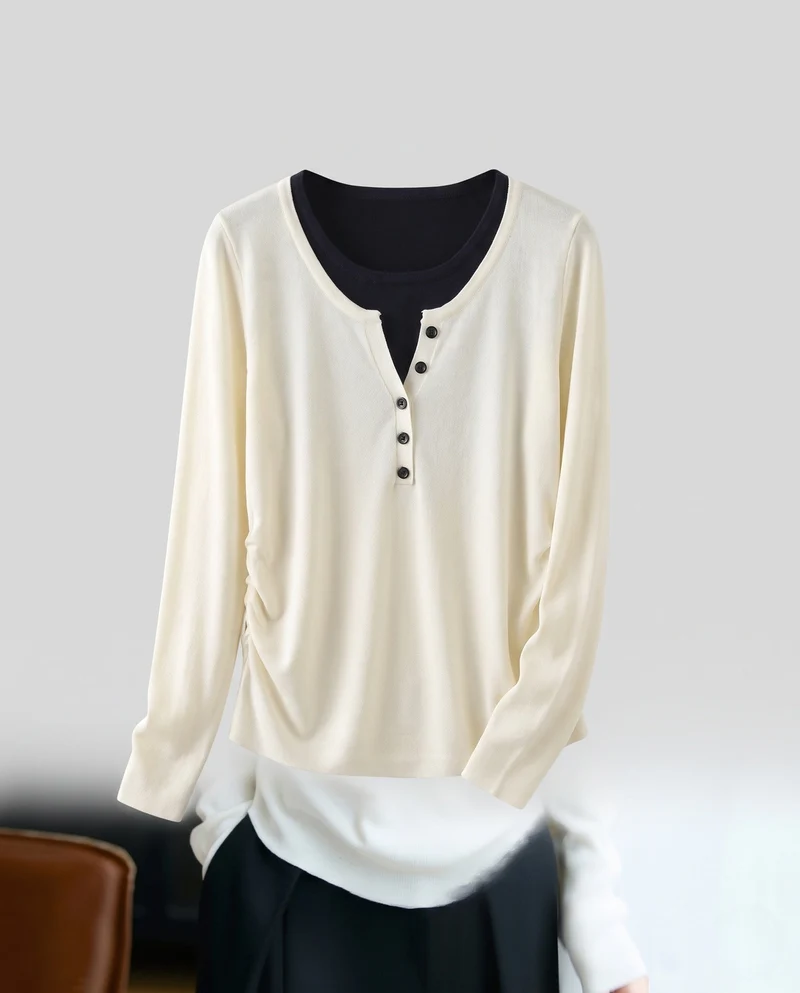 Damen Feines Layering-Longsleeve mit Knopfblende und Lagenlook Nord Taschen