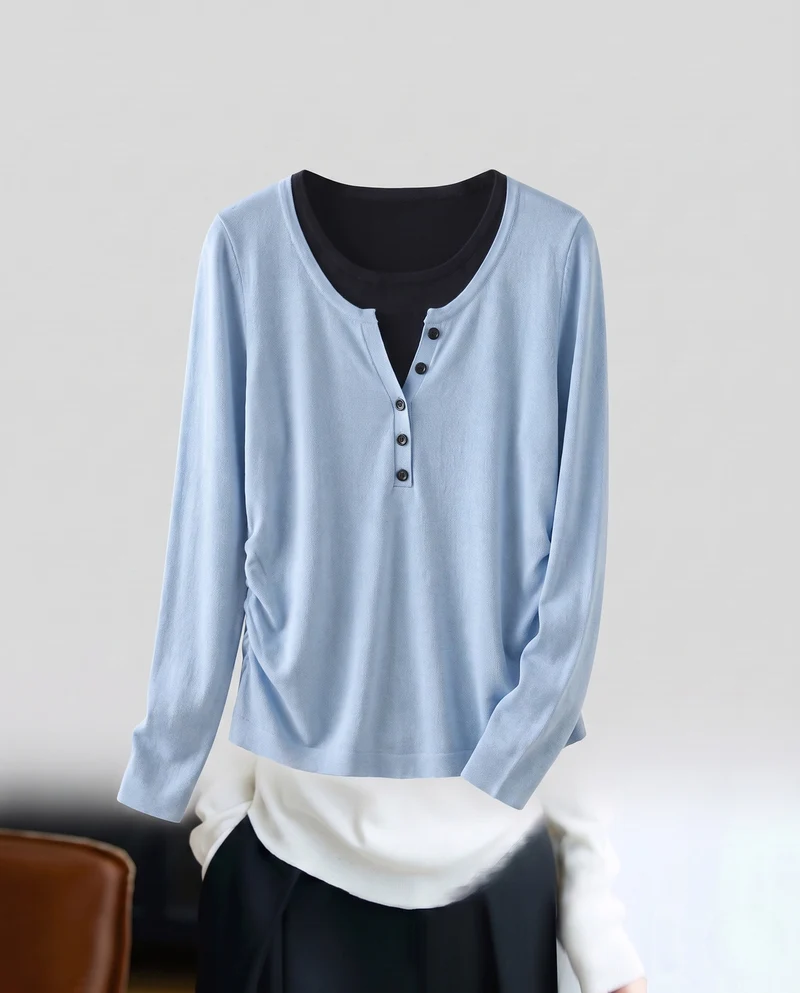Damen Feines Layering-Longsleeve mit Knopfblende und Lagenlook Nord Taschen
