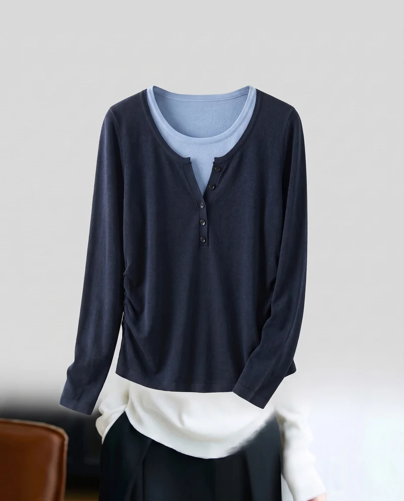 Damen Feines Layering-Longsleeve mit Knopfblende und Lagenlook Nord Taschen