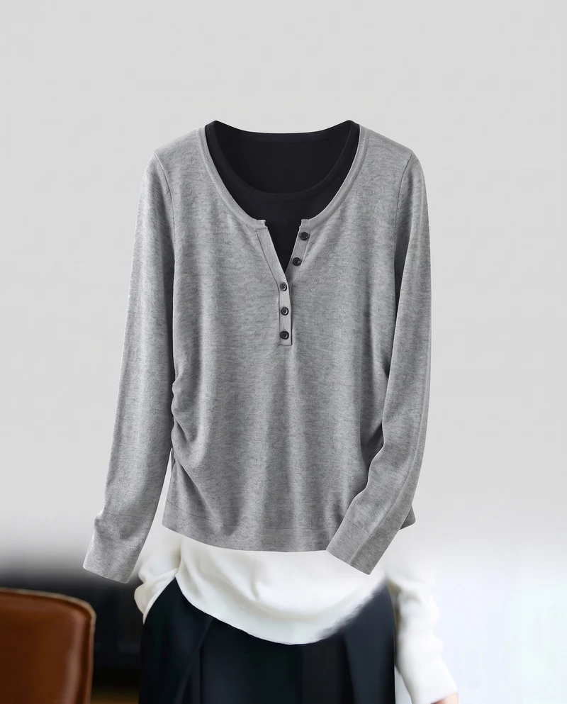 Damen Feines Layering-Longsleeve mit Knopfblende und Lagenlook Nord Taschen