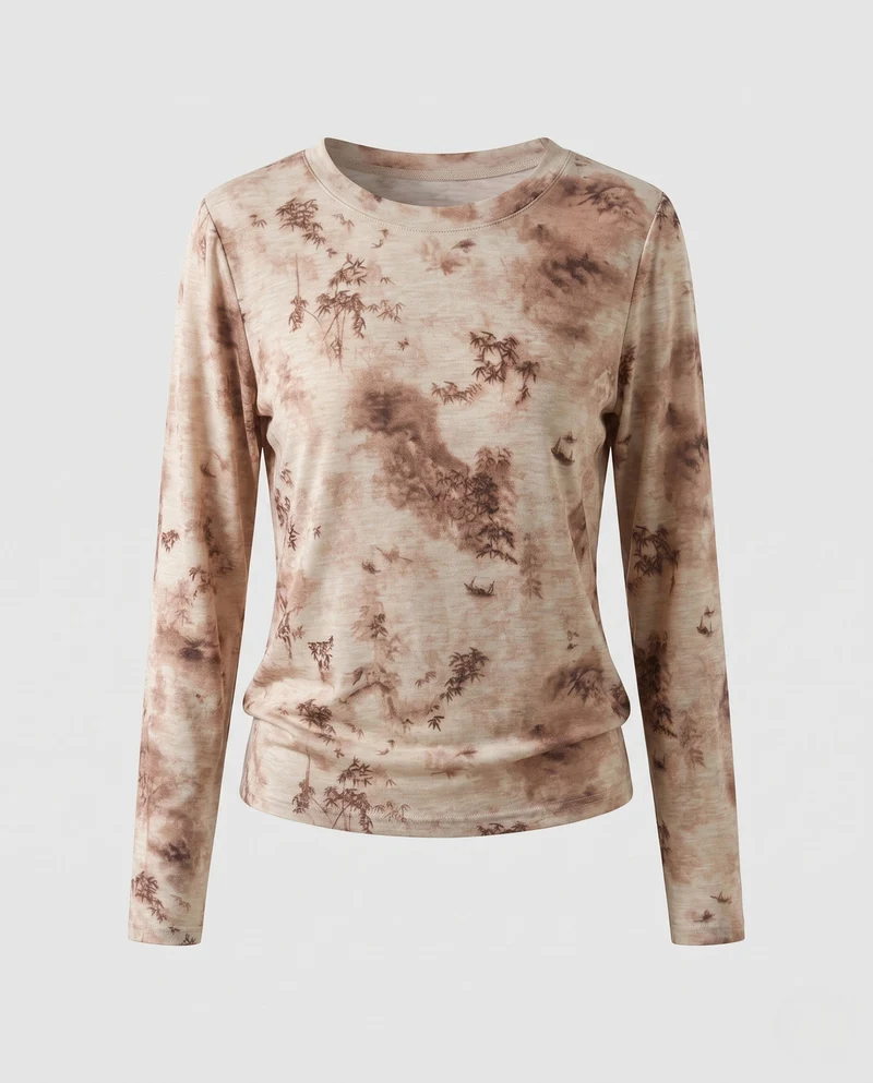 Damen Feines Langarmshirt mit zartem Allover-Print und Rundhalsausschnitt Nord Taschen