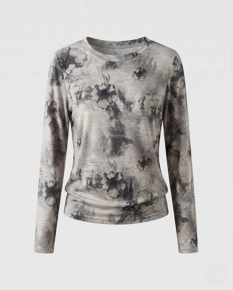 Damen Feines Langarmshirt mit zartem Allover-Print und Rundhalsausschnitt Nord Taschen